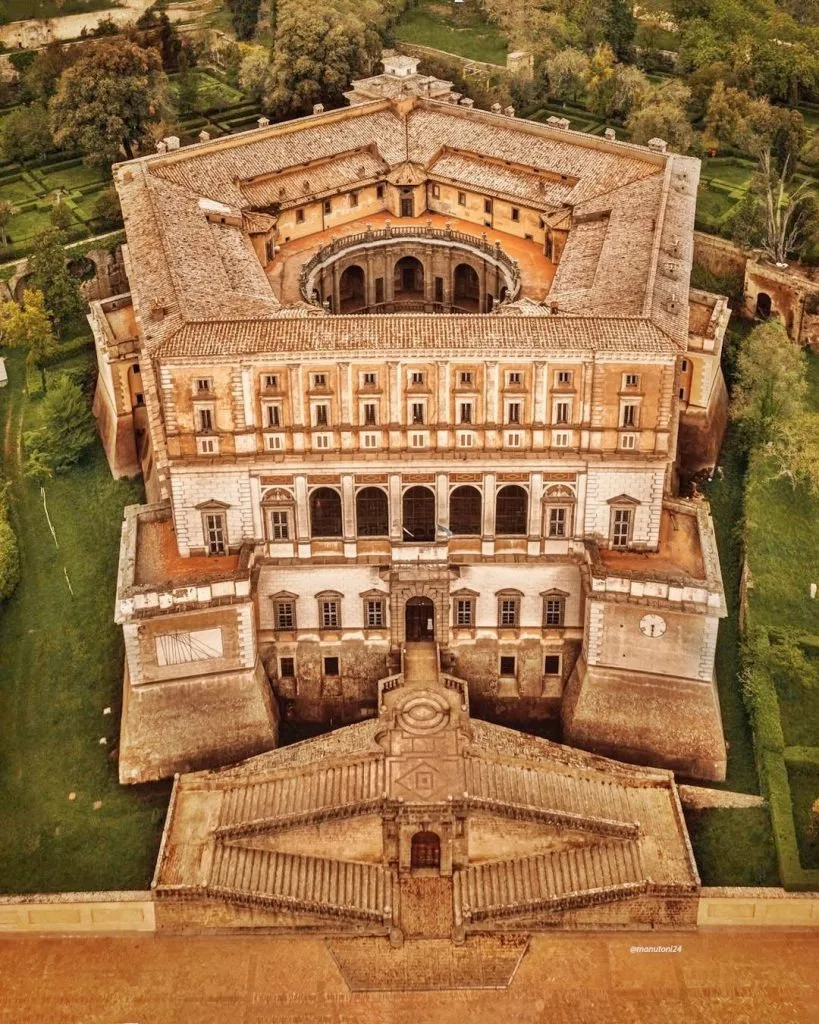 Palazzo Farnese at Caprarola seen from above, with its terraced staircase and gardens.